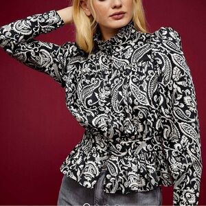 Monochrome Topshop paisley high neck blouse / size 12